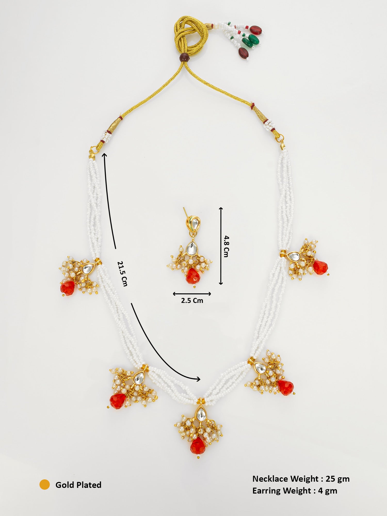 Aadita Gold Plated Multistrand Beaded Necklace Set with Kundan and Red Drop Stones