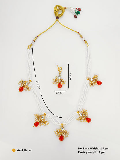 Aadita Gold Plated Multistrand Beaded Necklace Set with Kundan and Red Drop Stones