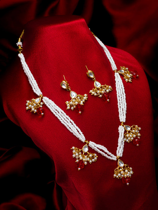 Aadita Gold Plated Multistrand Beaded Necklace Set with Kundan and Red Drop Stones