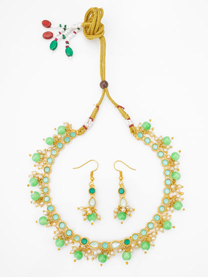 Aadita Green Beaded Kundan Necklace Set with Earrings for Women
