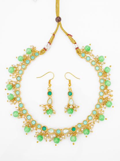 Aadita Green Beaded Kundan Necklace Set with Earrings for Women