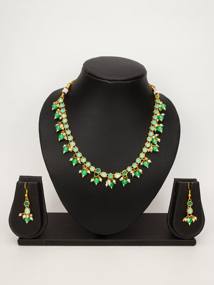 Aadita Green Beaded Kundan Necklace Set with Earrings for Women