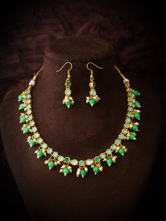 Aadita Green Beaded Kundan Necklace Set with Earrings for Women