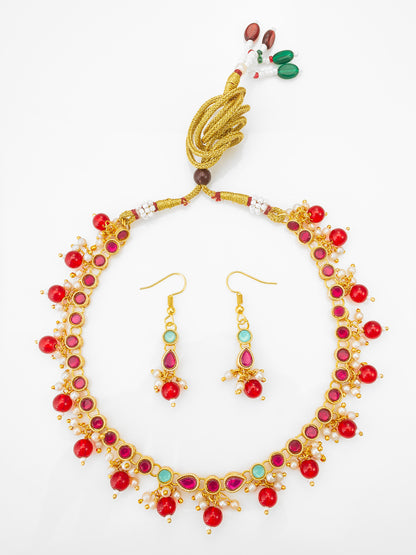 Aadita Gold-Plated Red Beaded Kundan Choker Necklace Set for Women & Girls