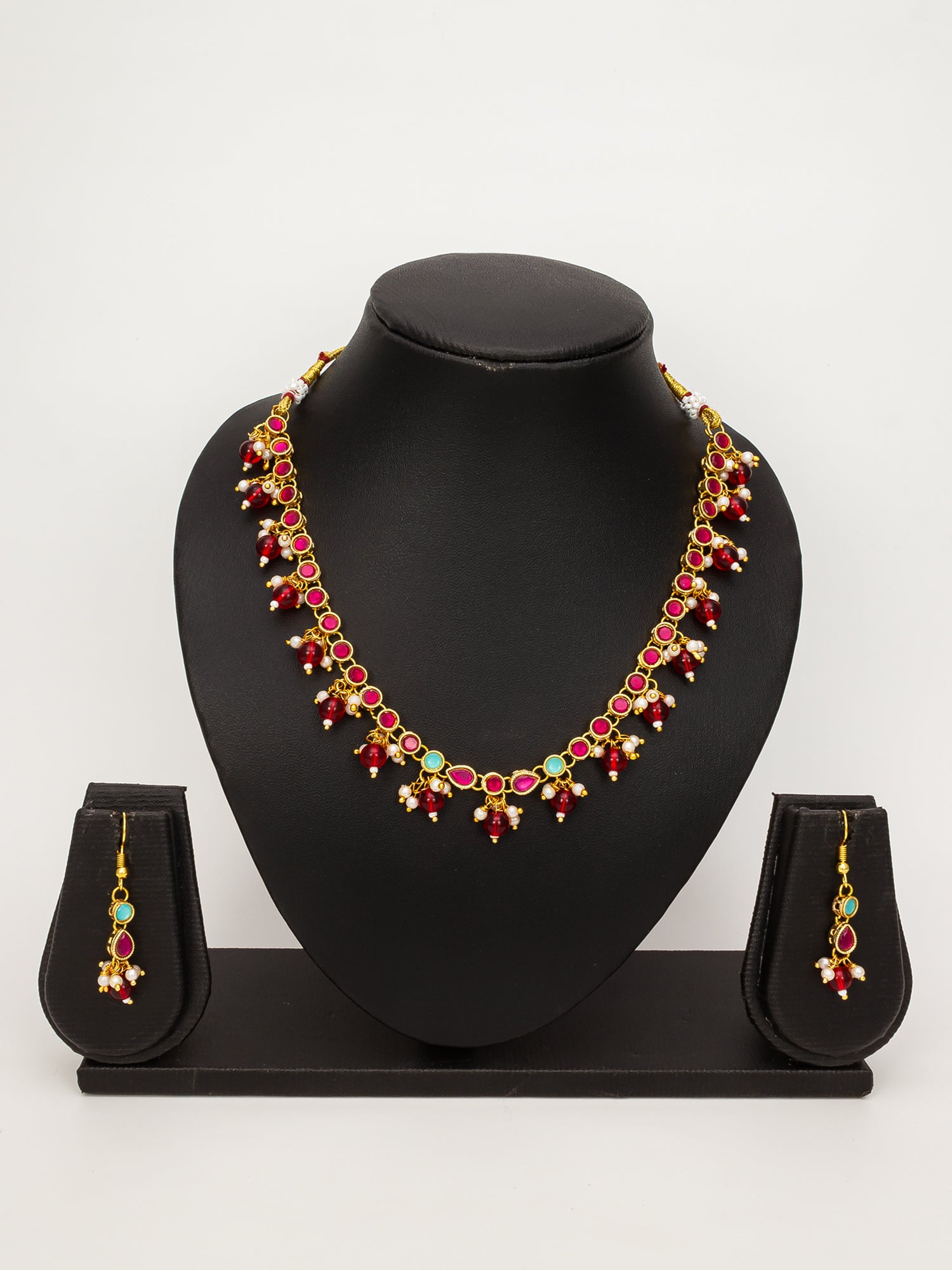 Aadita Gold-Plated Red Beaded Kundan Choker Necklace Set for Women & Girls