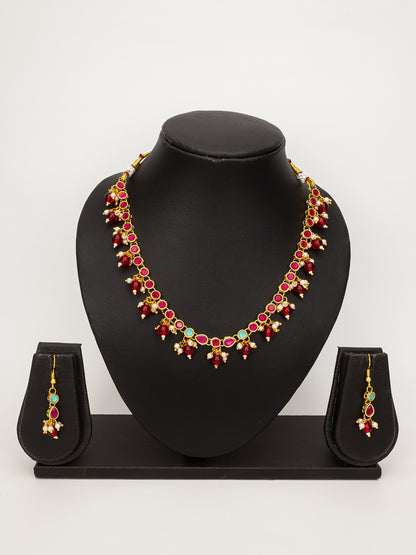 Aadita Gold-Plated Red Beaded Kundan Choker Necklace Set for Women & Girls