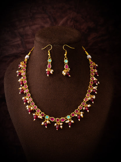 Aadita Gold-Plated Red Beaded Kundan Choker Necklace Set for Women & Girls