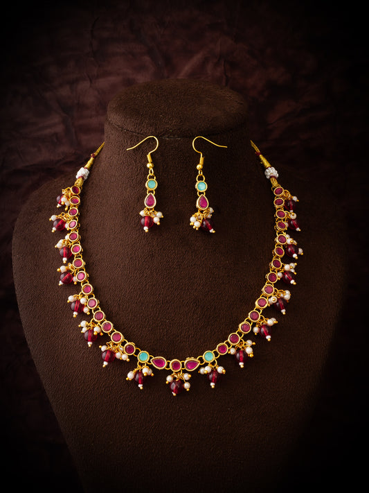 Aadita Gold-Plated Red Beaded Kundan Choker Necklace Set for Women & Girls