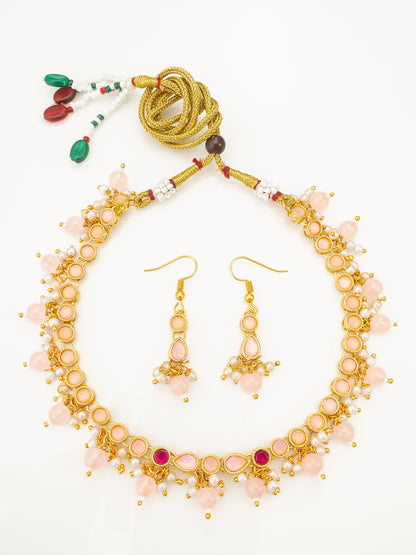 Aadita Gold Plated Peach Stone Choker Necklace Set with Earrings