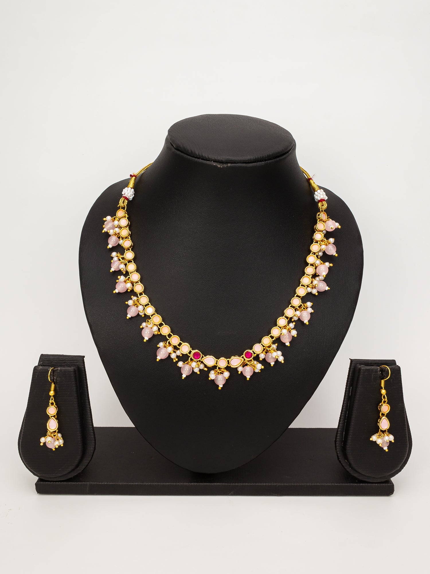 Aadita Gold Plated Peach Stone Choker Necklace Set with Earrings