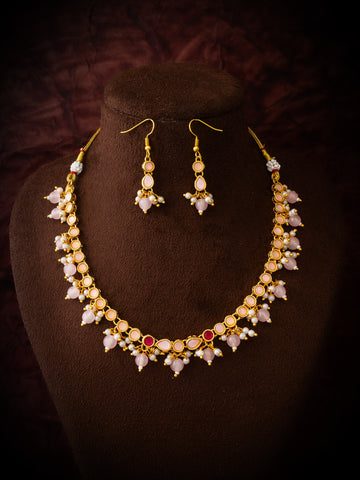 Aadita Gold Plated Peach Stone Choker Necklace Set with Earrings