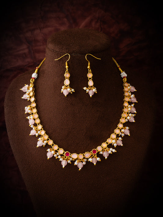 Aadita Gold Plated Peach Stone Choker Necklace Set with Earrings