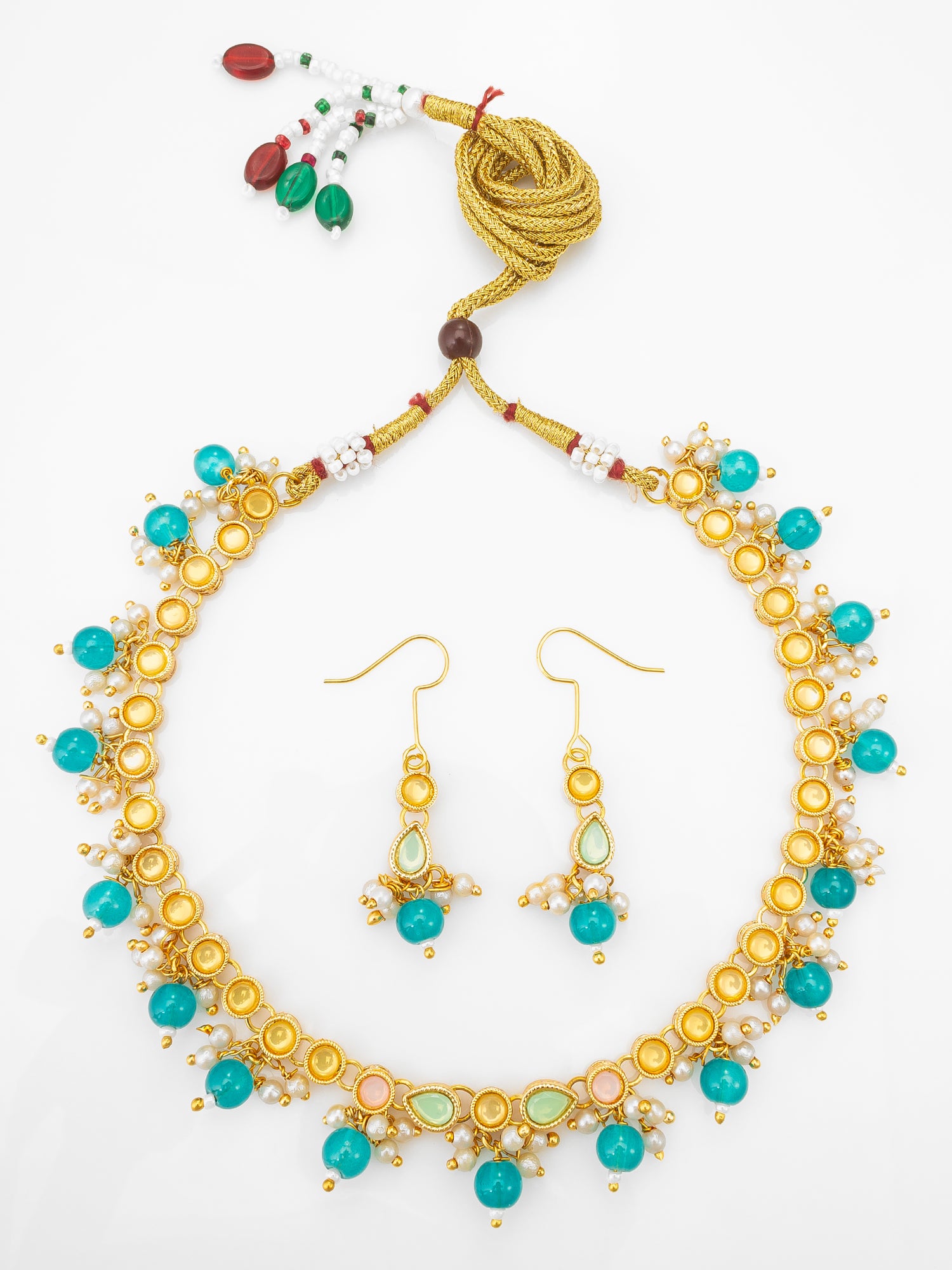 Aadita Gold Plated Green Beaded Kundan Necklace Set for Women and Girls