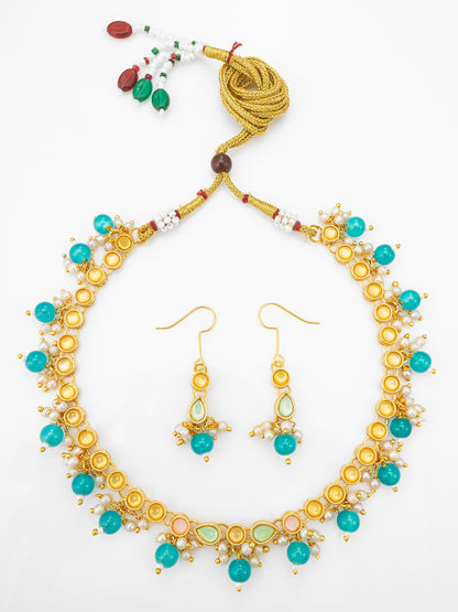 Aadita Gold Plated Green Beaded Kundan Necklace Set for Women and Girls