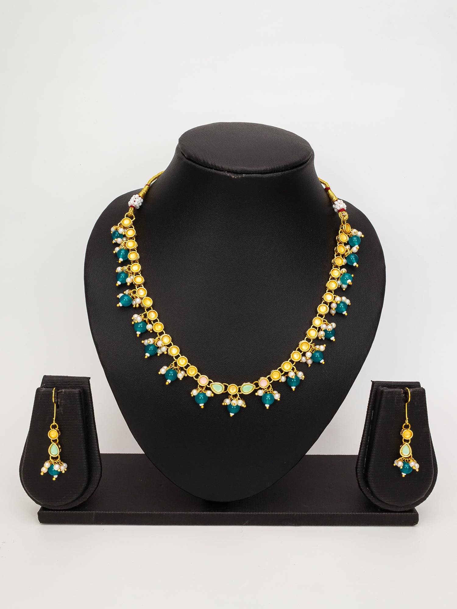 Aadita Gold Plated Green Beaded Kundan Necklace Set for Women and Girls