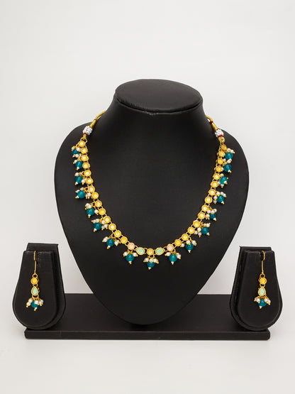 Aadita Gold Plated Green Beaded Kundan Necklace Set for Women and Girls