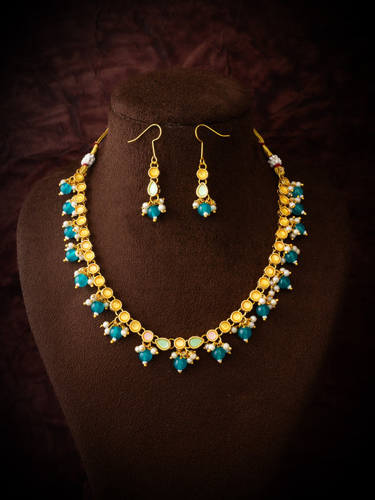 Aadita Gold Plated Green Beaded Kundan Necklace Set for Women and Girls