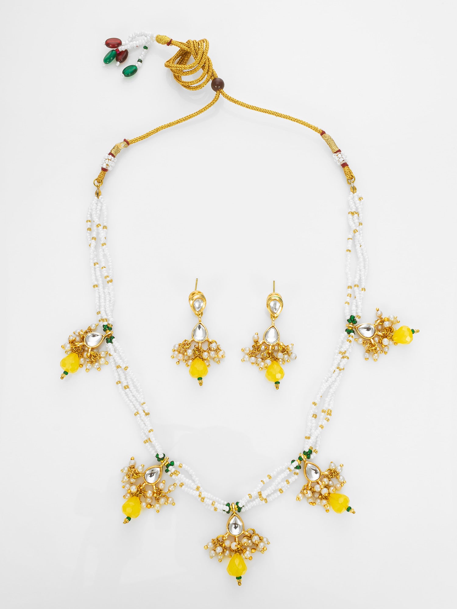 Aadita Gold Plated Pearl Beaded Yellow Stone Designer Traditional Necklace Set for Women