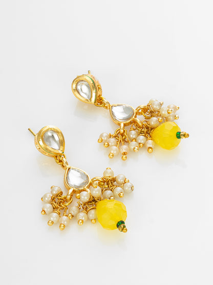 Aadita Gold Plated Pearl Beaded Yellow Stone Designer Traditional Necklace Set for Women