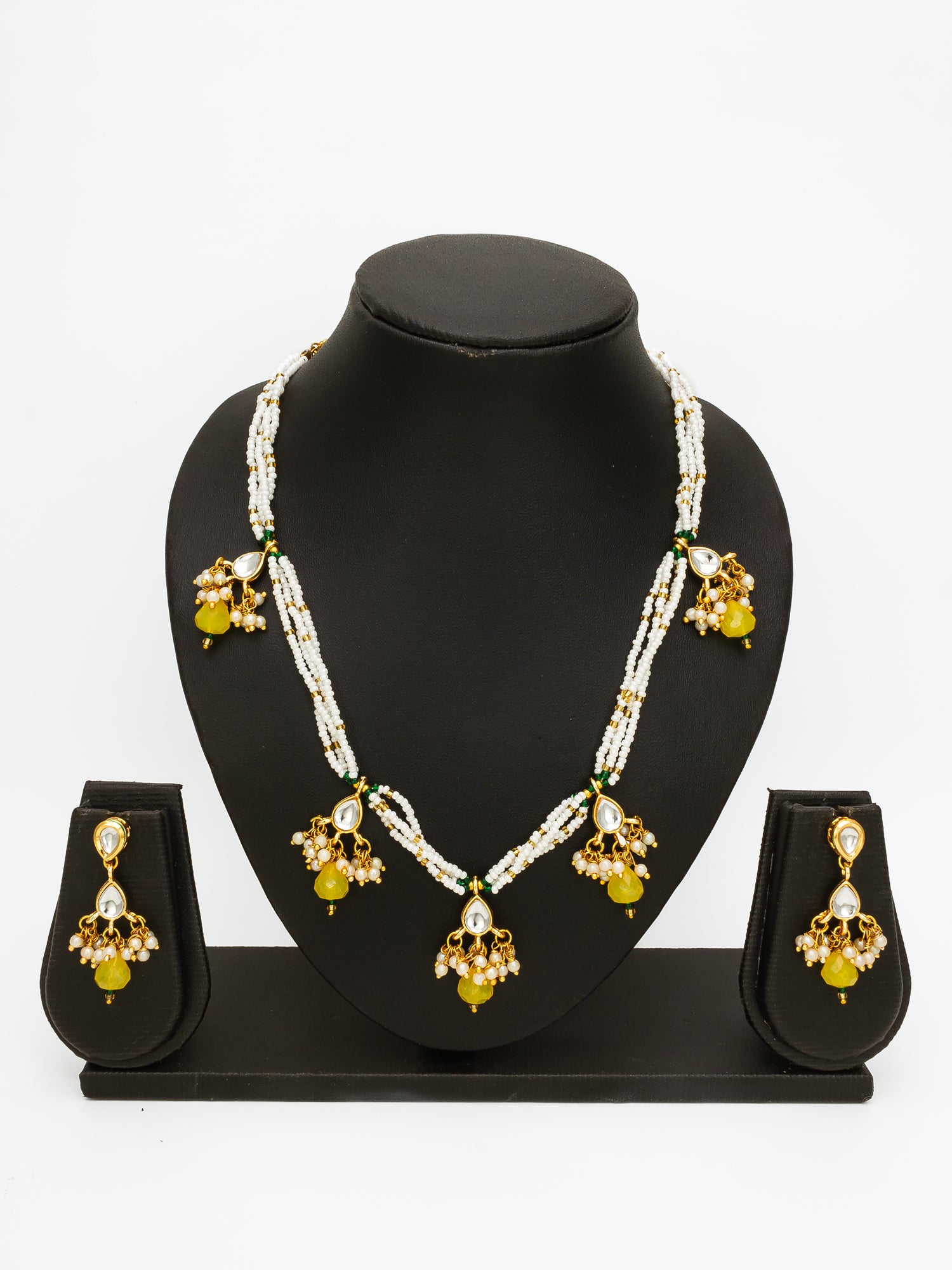Aadita Gold Plated Pearl Beaded Yellow Stone Designer Traditional Necklace Set for Women