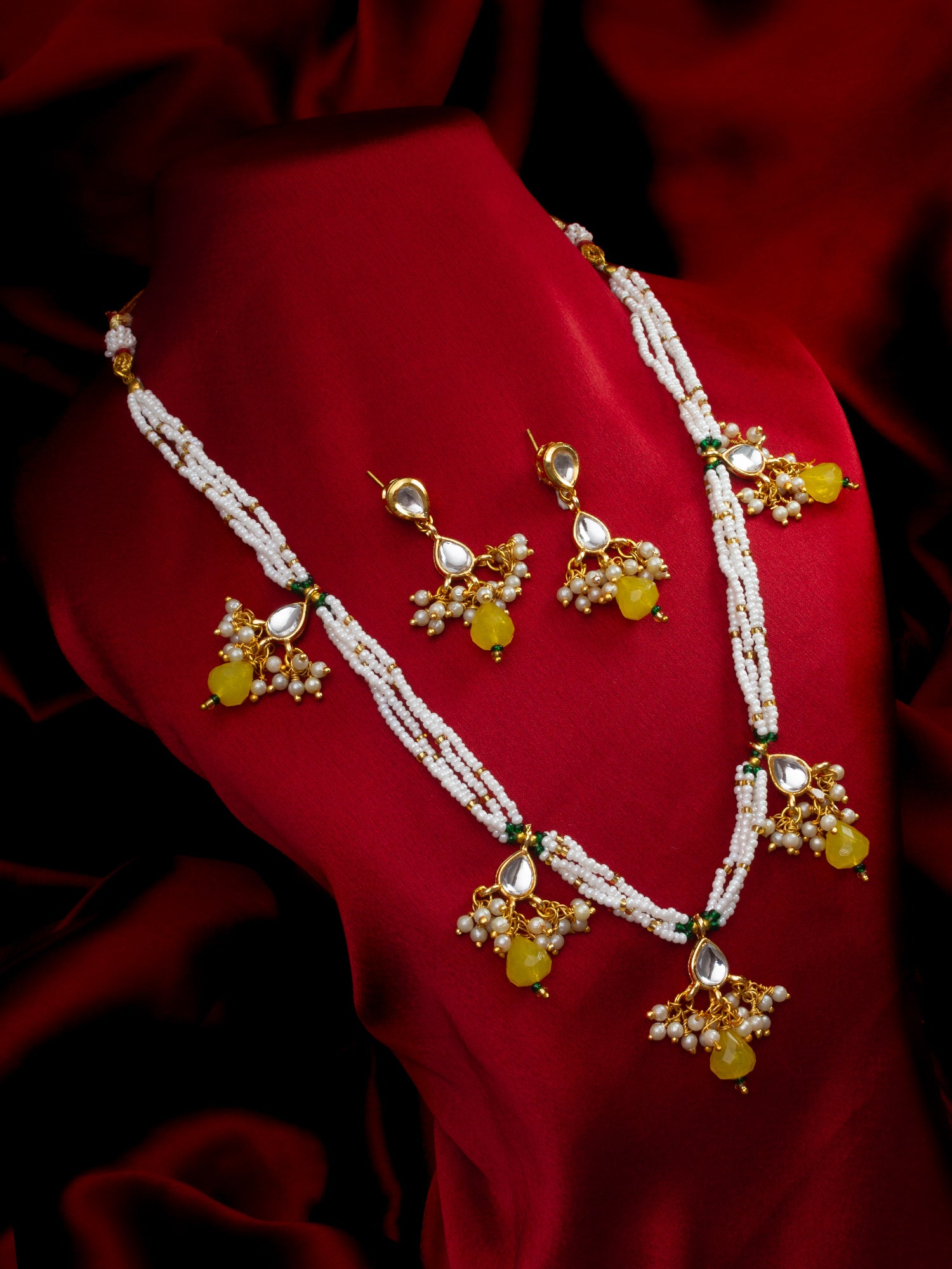 Aadita Gold Plated Pearl Beaded Yellow Stone Designer Traditional Necklace Set for Women
