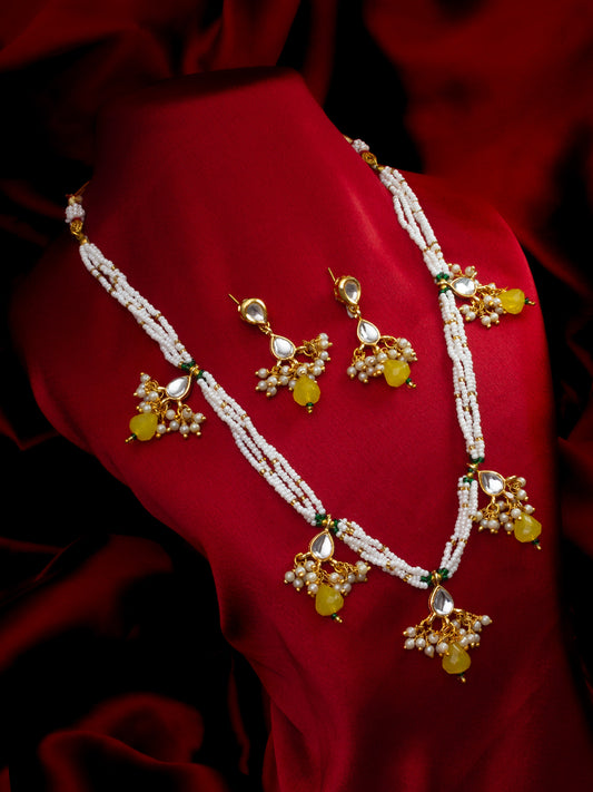 Aadita Gold Plated Pearl Beaded Yellow Stone Designer Traditional Necklace Set for Women