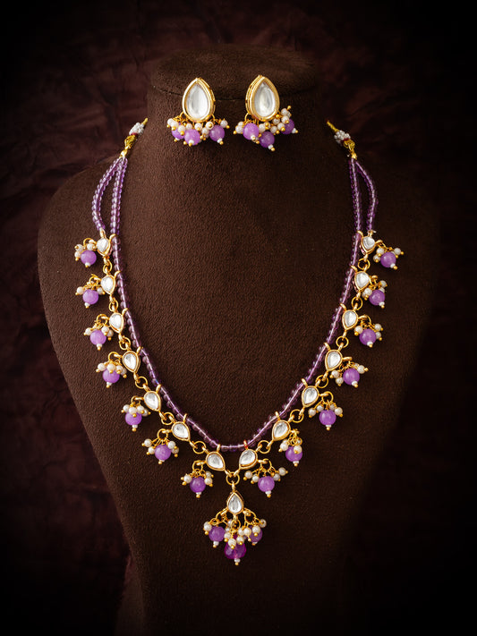Aadita Gold-Plated Lavender Beads Kundan Choker Necklace Set