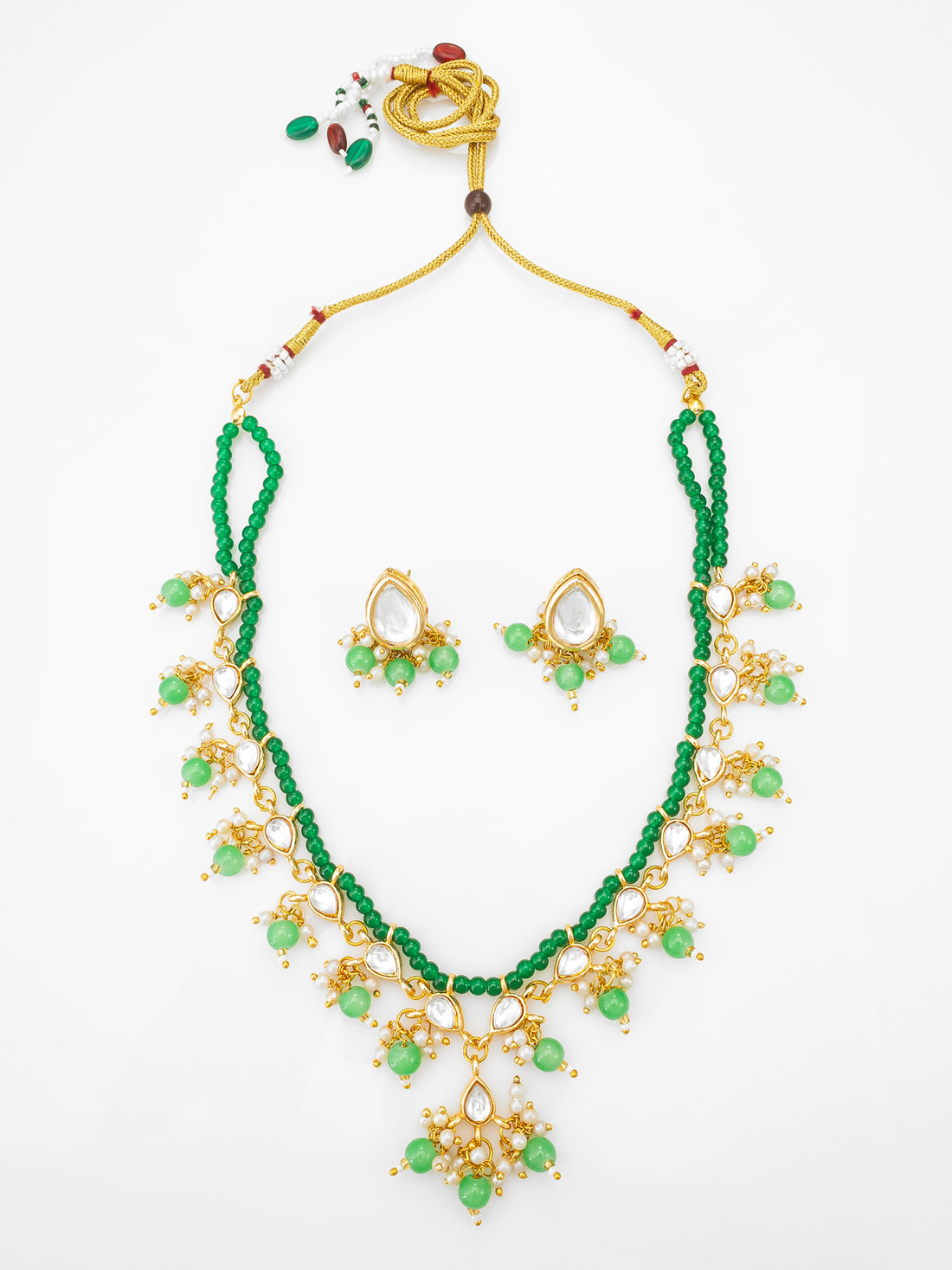 Gold-Plated Kundan Necklace Set with Green Beads and Stud Earrings