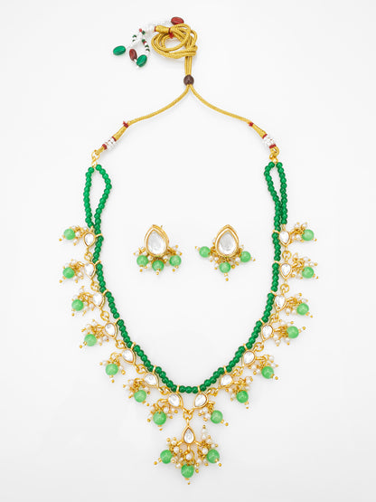 Aadita Gold-Plated Kundan Necklace Set with Green Beads and Stud Earrings