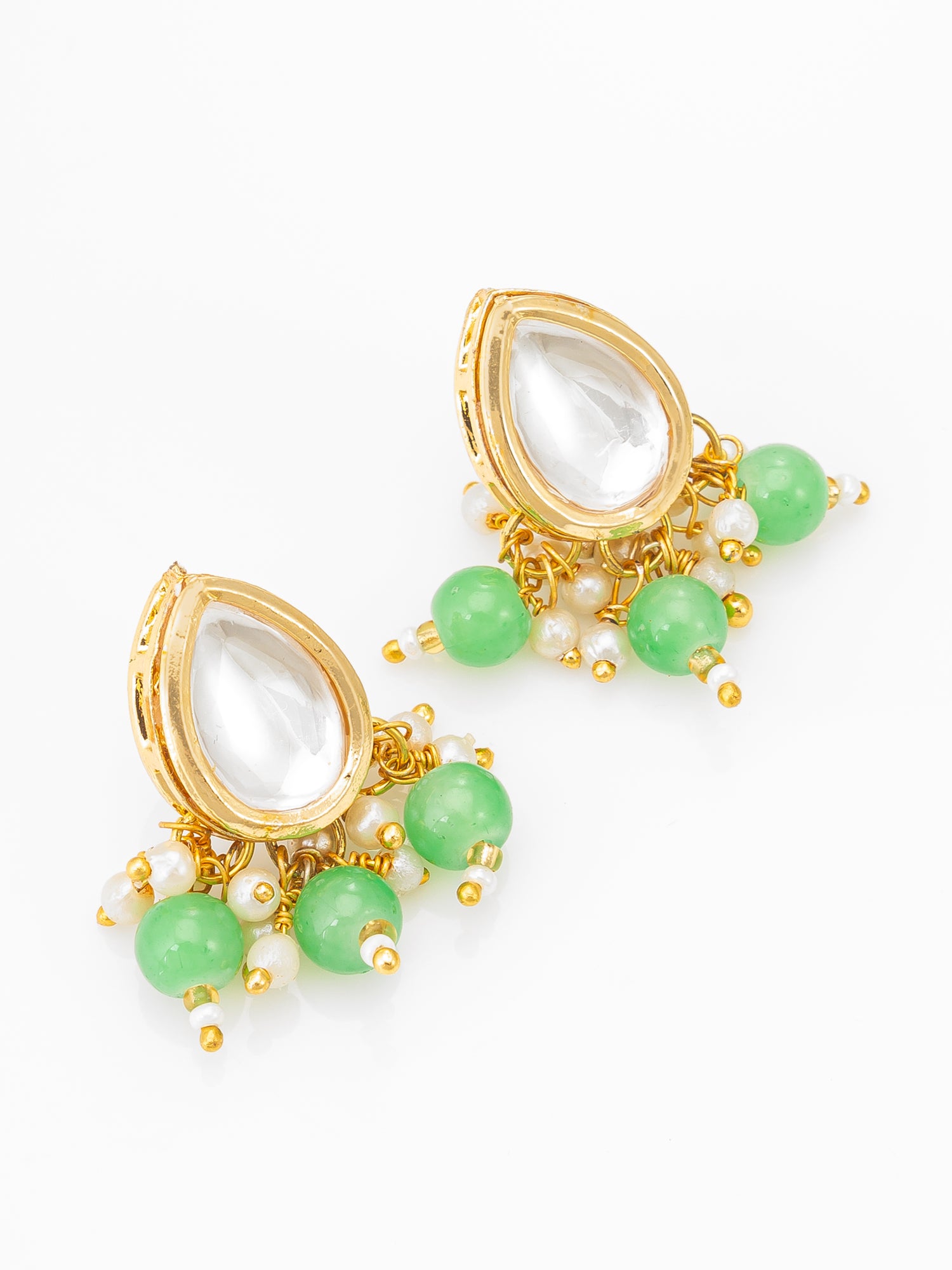 Aadita Gold-Plated Kundan Necklace Set with Green Beads and Stud Earrings