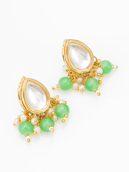 Aadita Gold-Plated Kundan Necklace Set with Green Beads and Stud Earrings