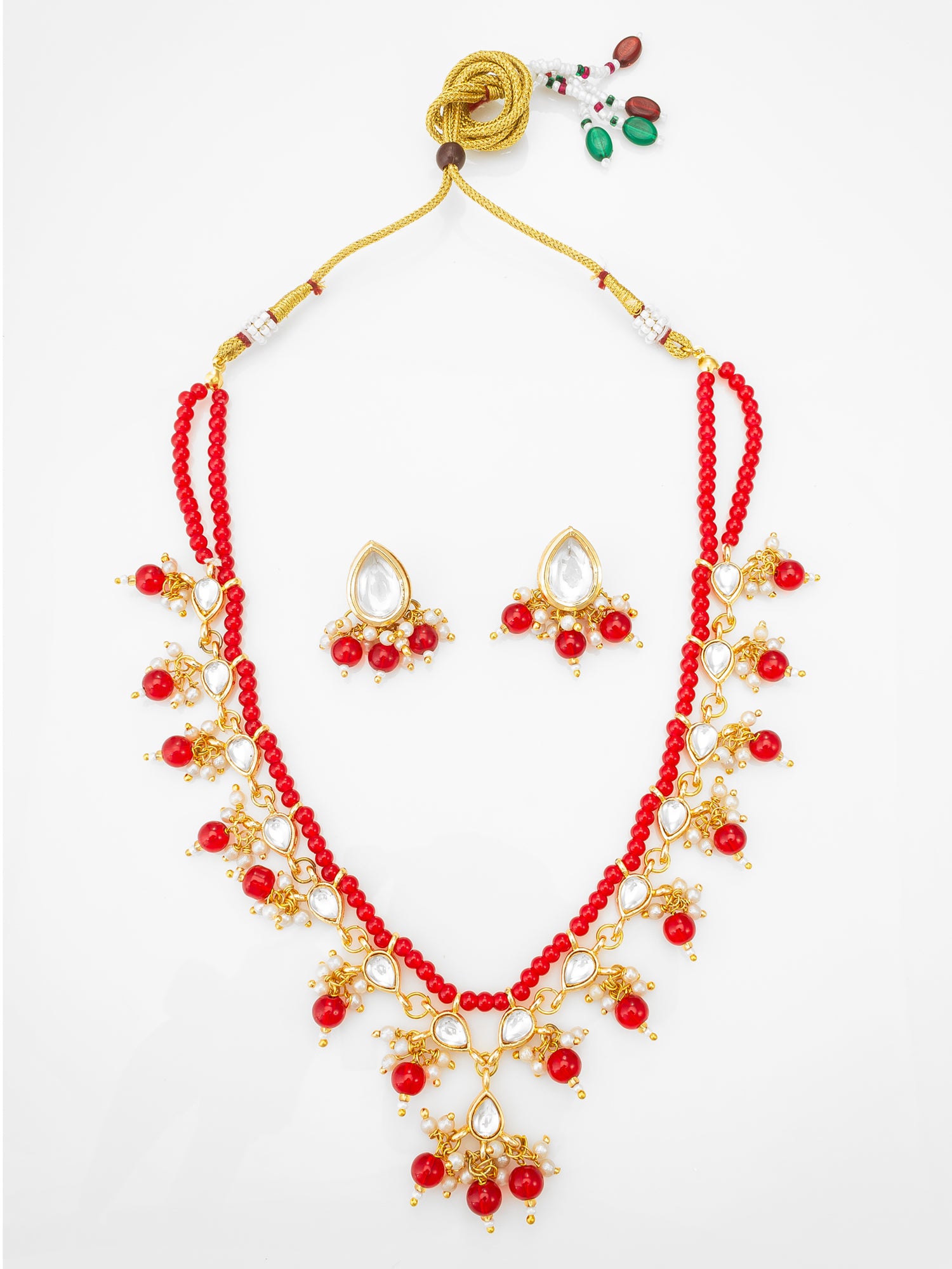 Aadita Red Beaded Kundan Necklace Set with Stud Earrings for Women