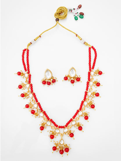 Aadita Red Beaded Kundan Necklace Set with Stud Earrings for Women