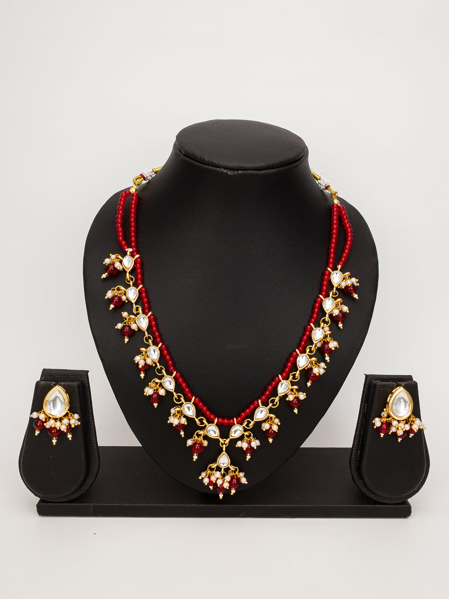 Aadita Red Beaded Kundan Necklace Set with Stud Earrings for Women
