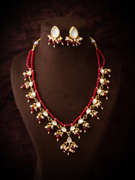 Aadita Red Beaded Kundan Necklace Set with Stud Earrings for Women