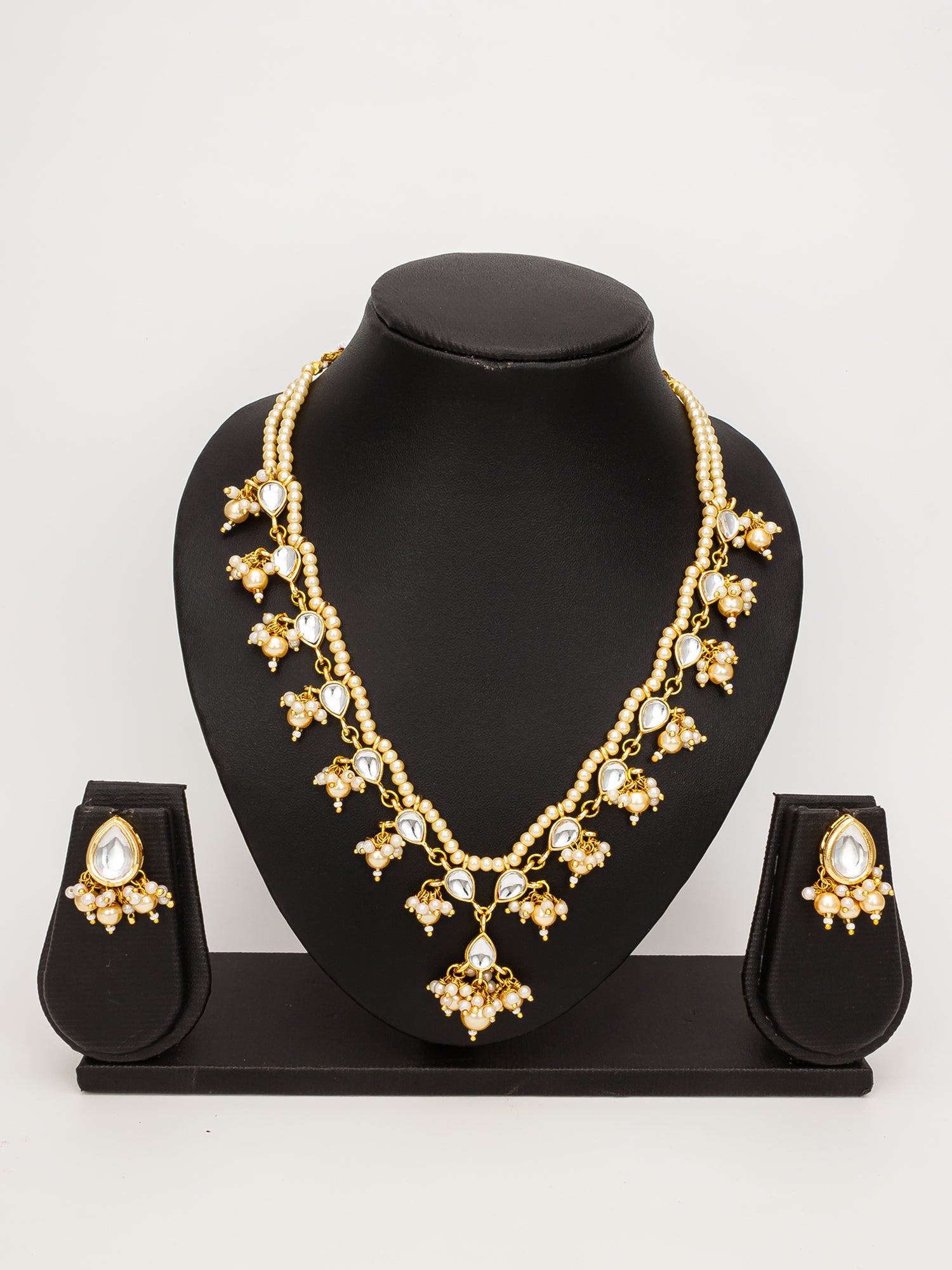 Aadita Gold Plated White Beads Kundan Bridal Necklace Set
