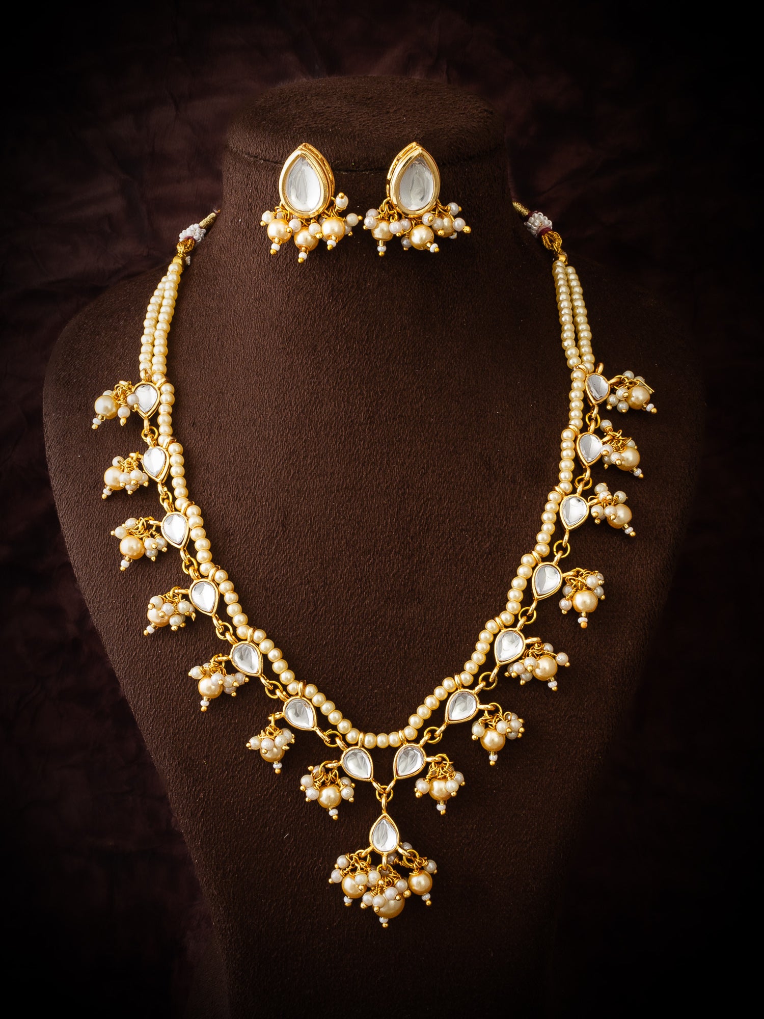Aadita Gold Plated White Beads Kundan Bridal Necklace Set