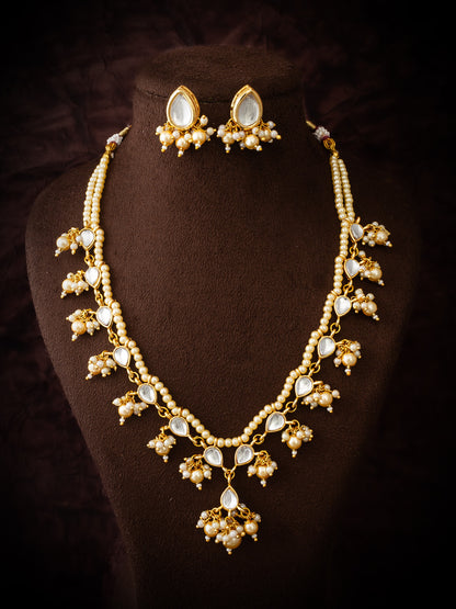 Aadita Gold Plated White Beads Kundan Bridal Necklace Set
