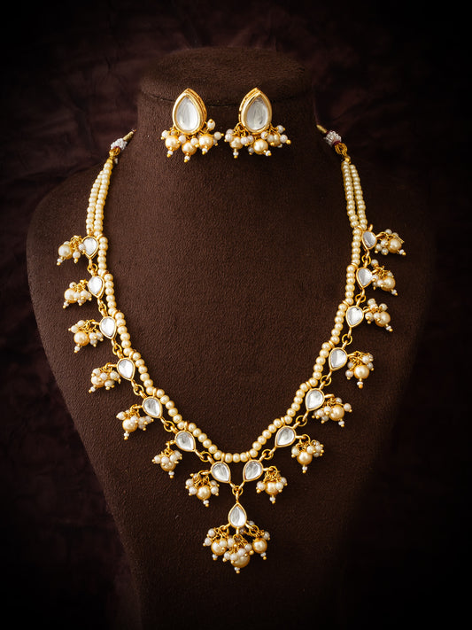 Aadita Gold Plated White Beads Kundan Bridal Necklace Set