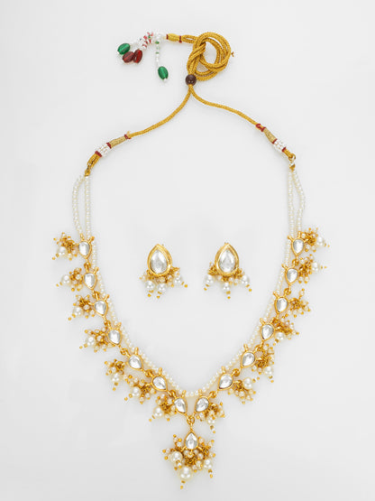 Aadita Gold Plated White Kundan Pearl Bridal Necklace Set for Women