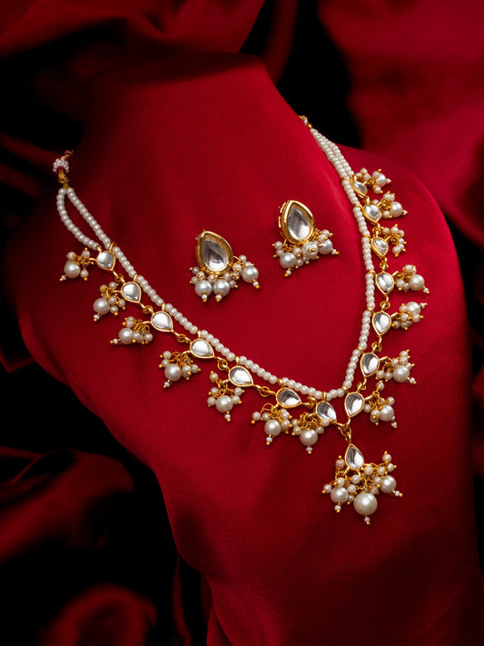 Aadita Gold Plated White Kundan Pearl Bridal Necklace Set for Women WNK4716