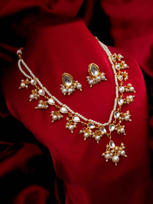 Aadita Gold Plated White Kundan Pearl Bridal Necklace Set for Women