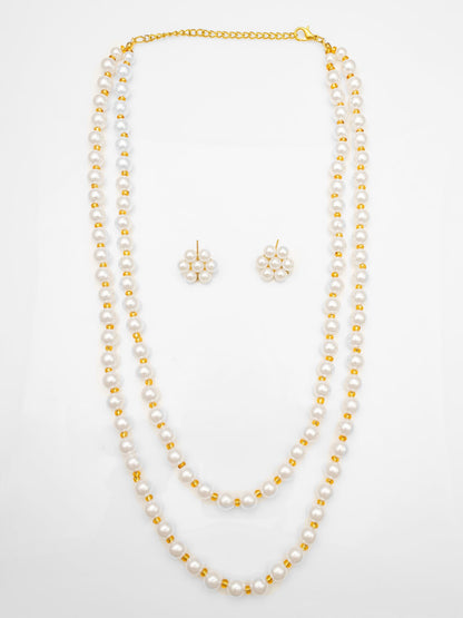 Aadita White & Gold Pearl Beaded Double Layer Necklace Set WNK4717