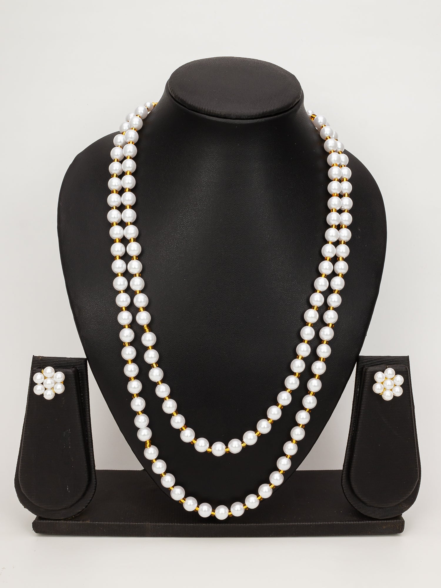 Aadita White & Gold Pearl Beaded Double Layer Necklace Set WNK4717