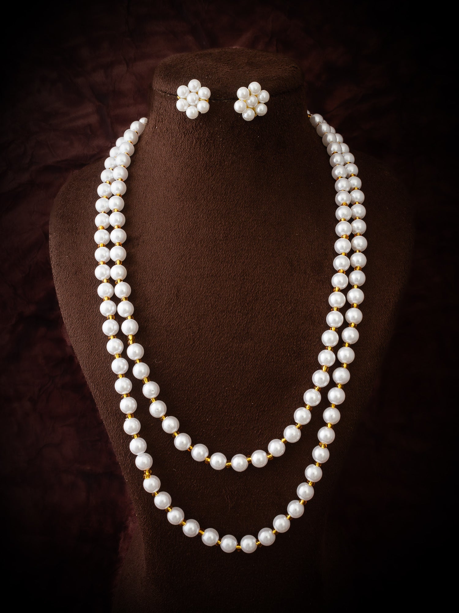Aadita White & Gold Pearl Beaded Double Layer Necklace Set WNK4717