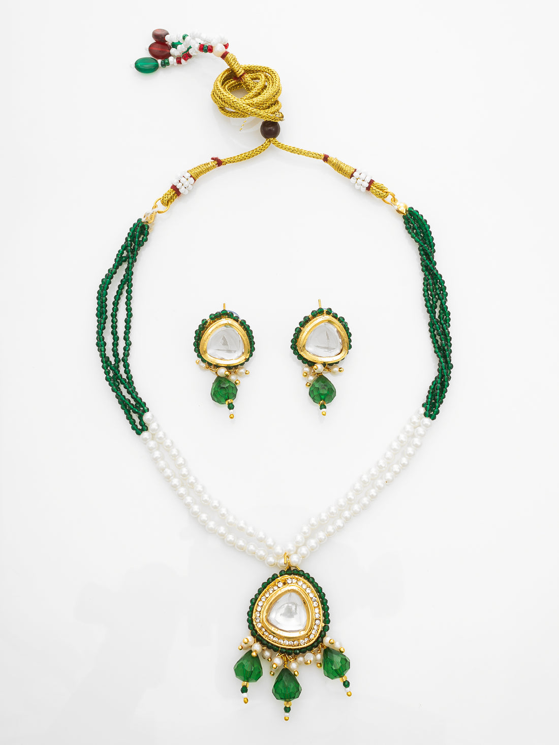 Gold-Plated Green Beaded Kundan Necklace Set for Women