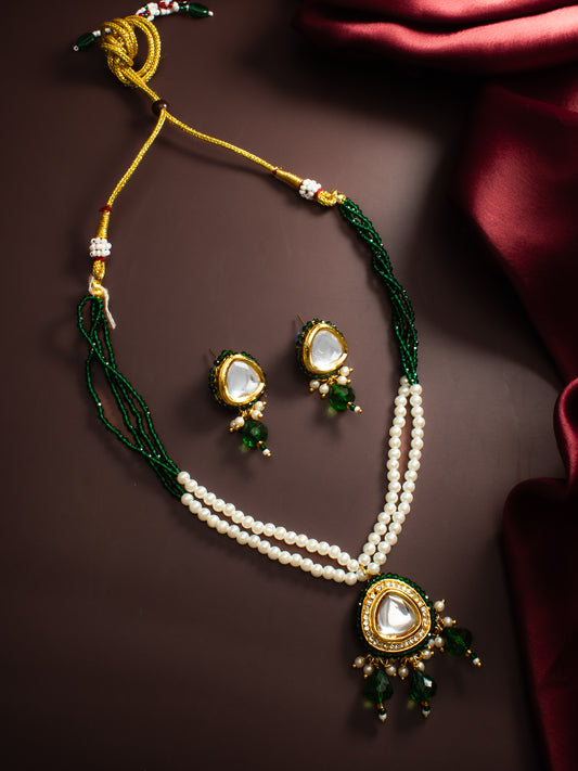 Aadita Gold-Plated Green Beaded Kundan Necklace Set for Women