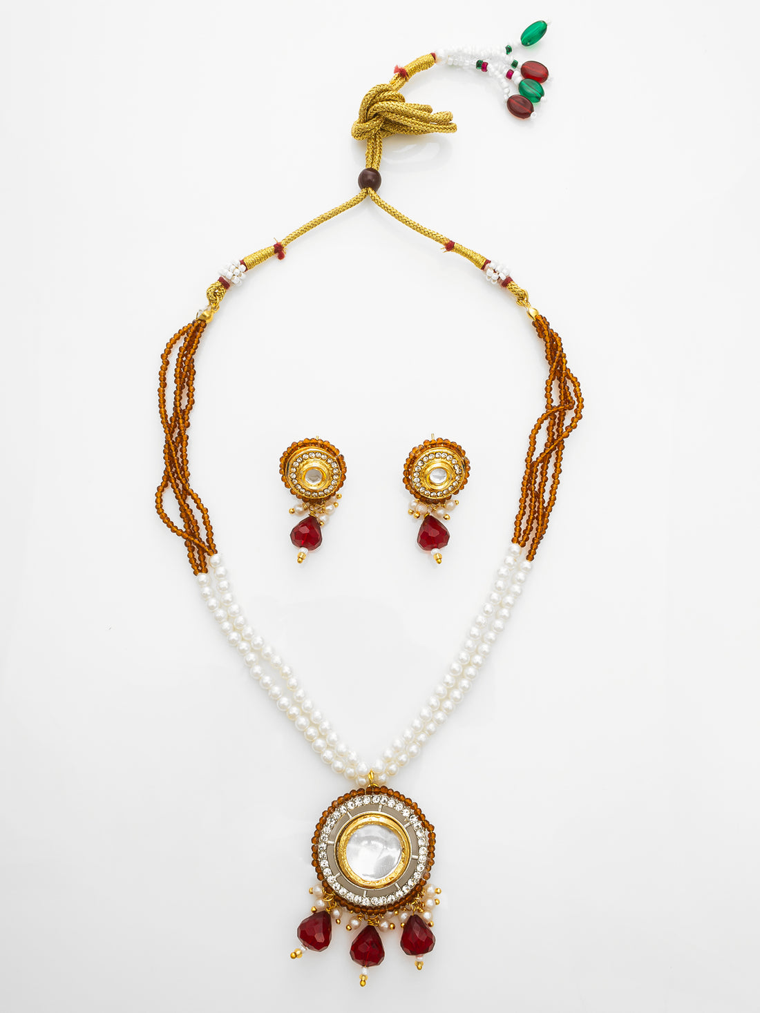 Gold-Plated Amber Beaded Kundan Necklace Set with Earrings