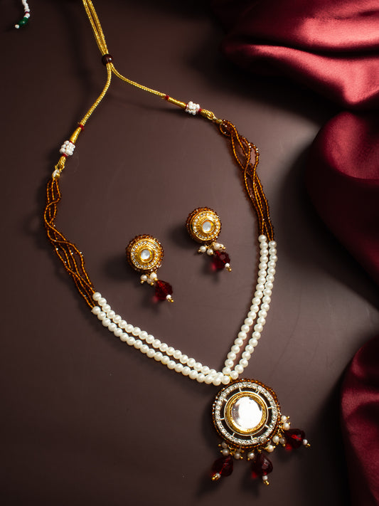 Aadita Gold-Plated Amber Beaded Kundan Necklace Set with Earrings