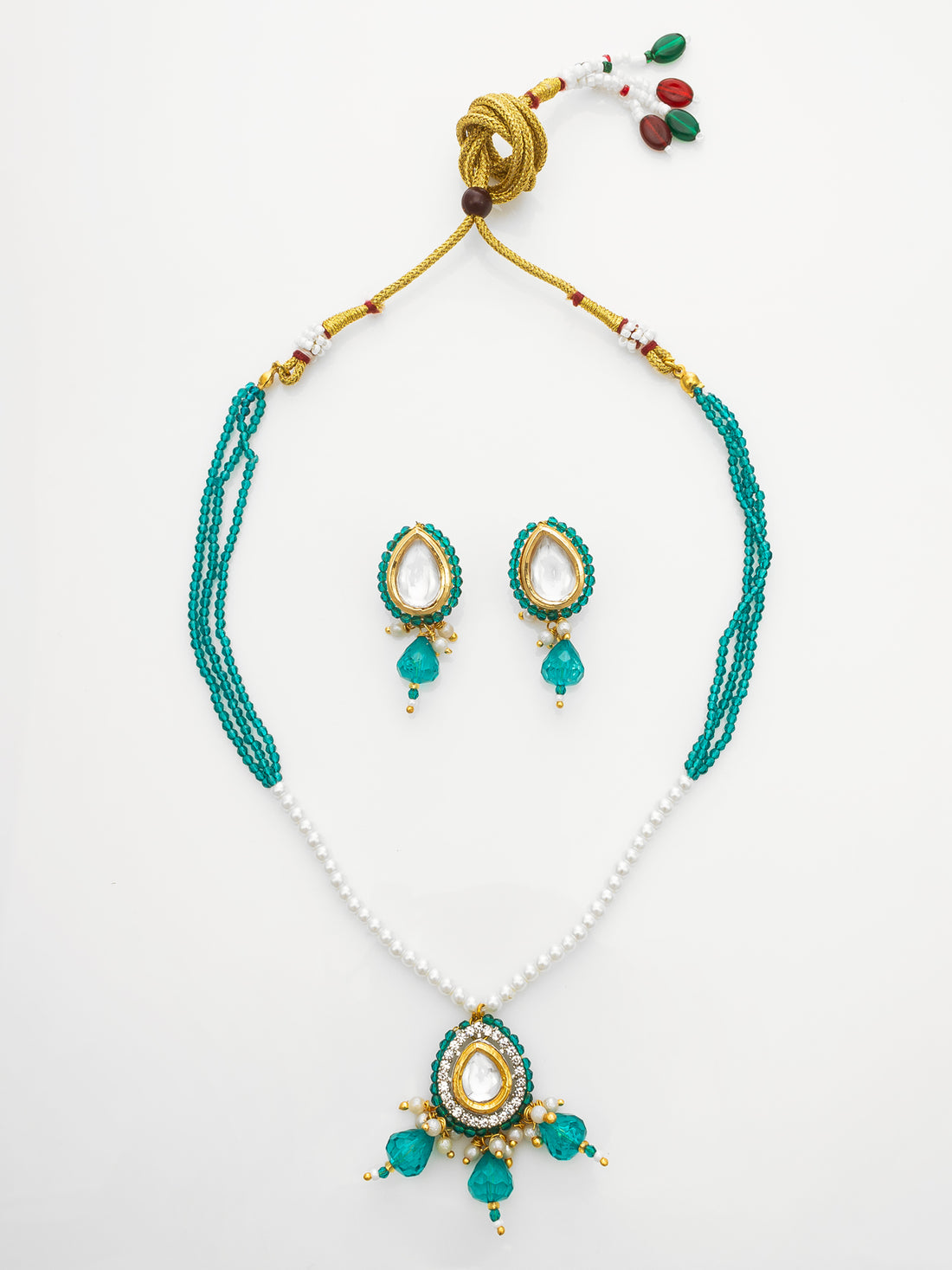 Gold Plated Kundan Teal Beaded Necklace Set with Earrings for Women